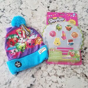 NWT 🩷🍪 Shopkins Beanie Hat WITH Gloves AND Shopkins Erasers Pencil Set  🩷🍪